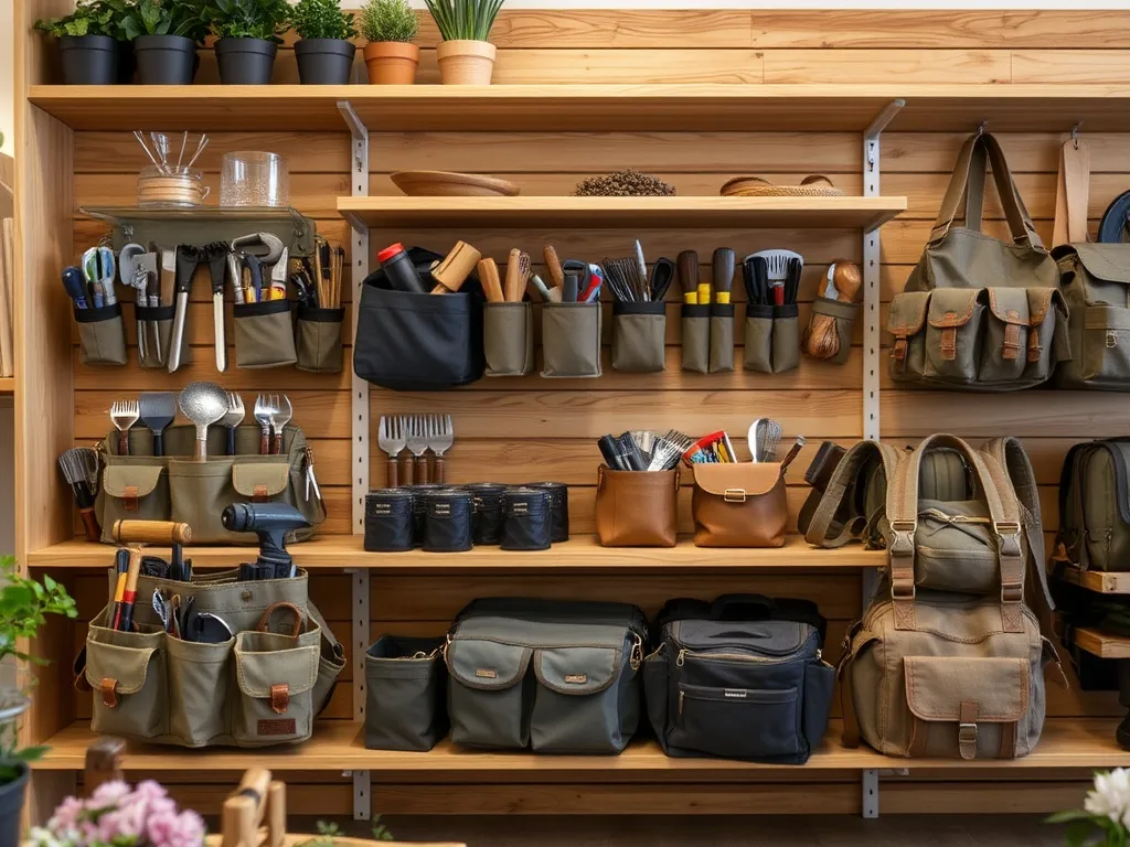 Watering cans and tool aprons hanging on a brick wall